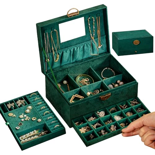 3-lagiger Schmuckkästchen-Organizer, große Kapazität, Samt-Schmuckschatulle mit Spiegel, große grüne Schmuckschatulle für Ringe, Ohrringe, Halsketten, Armbänder, Schmuck-Organizer, Aufbewahrungsbox von Ogrmar