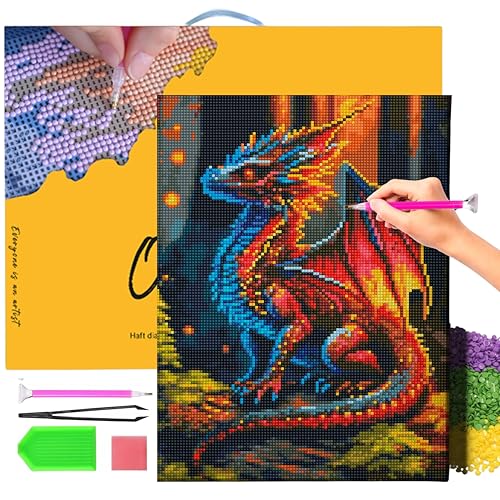 Oh Art! Diamond Painting Diamantmosaik Diamant Bilder Set 5D Mit Rahmen DIY Stickerei Nach Zahlen Erwachsene Leinwand 30 x 40 cm Drache Im Wald von Oh Art!