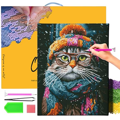 Oh Art! Diamond Painting Diamantmosaik Diamant Bilder Set 5D Mit Rahmen DIY Stickerei Nach Zahlen Erwachsene Leinwand 40 x 50 cm Katze Im Hut von Oh Art!