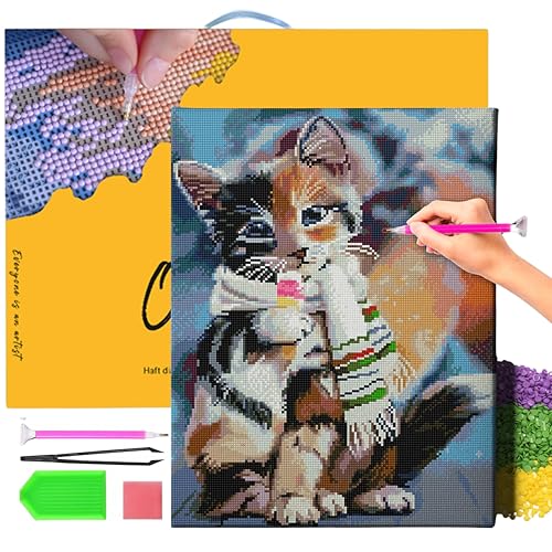 Oh Art! Diamond Painting Diamantmosaik Diamant Bilder Set 5D Mit Rahmen DIY Stickerei Nach Zahlen Erwachsene Leinwand 40 x 50 cm Katze Im Schal von Oh Art!