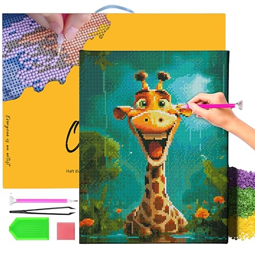 Oh Art! Diamond Painting Diamantmosaik Diamant Bilder Set 5D Mit Rahmen DIY Stickerei Nach Zahlen Kinder Erwachsene Leinwand 30 x 40 cm Das Lachen Der Giraffe von Oh Art!