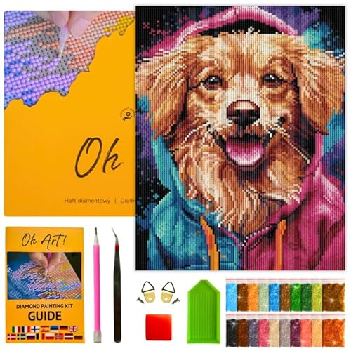 Oh Art! Diamond Painting Set 5D mit Rahmen DIY Stickerei nach Zahlen für Erwachsene Leinwand Gespannt Auf Holzrahmen für Zuhause Dekor 30 x 40 cm Dog in a sweatshirt von Oh Art!