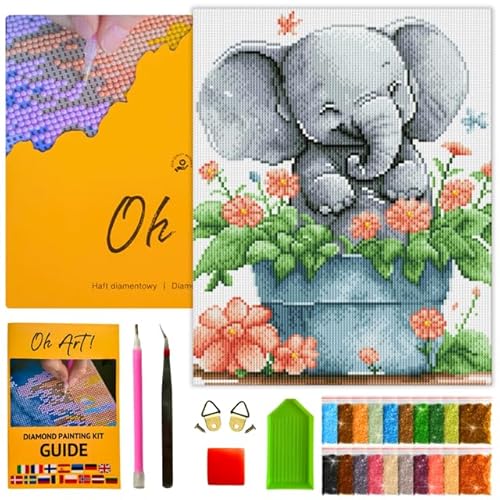 Oh Art! Diamond Painting Set 5D mit Rahmen DIY Stickerei nach Zahlen für Erwachsene Leinwand Gespannt Auf Holzrahmen für Zuhause Dekor 30 x 40 cm Elephant von Oh Art!