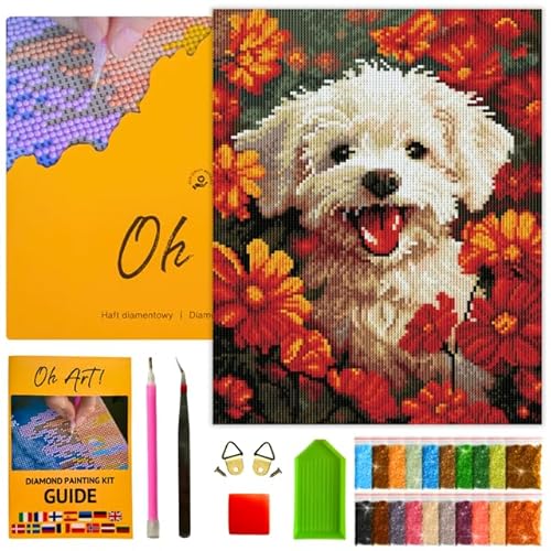 Oh Art! Diamond Painting für Erwachsene Set 5D DIY Diamantmosaik Bilder mit Leinwand Gespannt Auf Holzrahmen 30 x 40 cm Diamant Malerei für Haus Dekoration Dog in flowers von Oh Art!