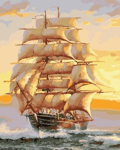 Oh Art! Malen Nach Zahlen Erwachsene DIY Bastelset 40 x 50 cm Mit Rahmen Set Mit 3 Pinseln Acrylfarben Und Leinwand Gespannt Auf Holzrahmen Kreativ Set Paint By Numbers Adult Ship at sea von Oh Art!