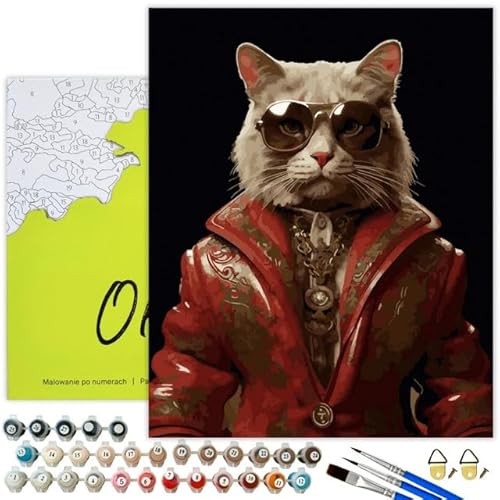 Oh Art! Malen Nach Zahlen Erwachsene Paint By Numbers Adult Set Mit 3 Pinseln Acrylfarben Und Leinwand Gespannt Auf Holzrahmen Kreativ Set DIY Bastelset 40 x 50 cm Mit Rahmen Business cat von Oh Art!