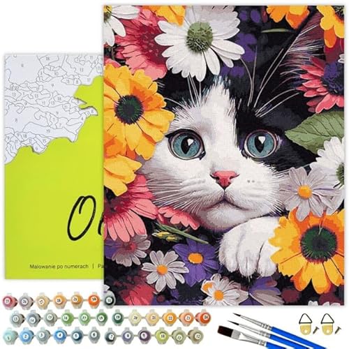 Oh Art! Malen Nach Zahlen Erwachsene Paint By Numbers Adult Set Mit 3 Pinseln Acrylfarben Und Leinwand Gespannt Auf Holzrahmen Kreativ Set DIY Bastelset 40 x 50 cm Mit Rahmen Cat in flowers von Oh Art!