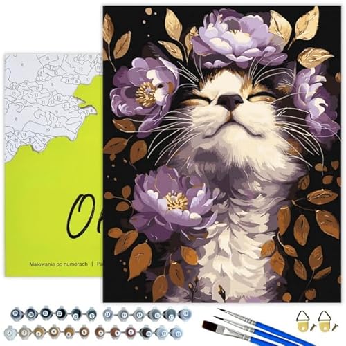 Oh Art! Malen Nach Zahlen Erwachsene Paint By Numbers Adult Set Mit 3 Pinseln Acrylfarben Und Leinwand Gespannt Auf Holzrahmen Kreativ Set DIY Bastelset 40 x 50 cm Mit Rahmen Cat in purple flowers von Oh Art!