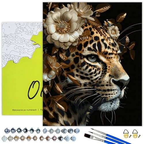 Oh Art! Malen Nach Zahlen Erwachsene Paint By Numbers Adult Set Mit 3 Pinseln Acrylfarben Und Leinwand Gespannt Auf Holzrahmen Kreativ Set DIY Bastelset 40 x 50 cm Mit Rahmen Cheetah and flowers von Oh Art!