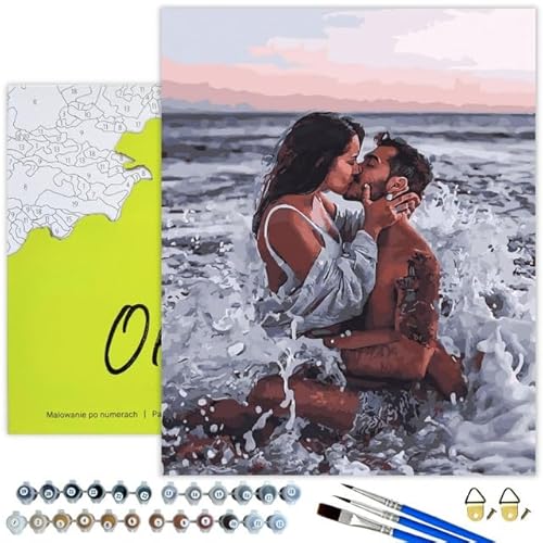 Oh Art! Malen Nach Zahlen Erwachsene Paint By Numbers Adult Set Mit 3 Pinseln Acrylfarben Und Leinwand Gespannt Auf Holzrahmen Kreativ Set DIY Bastelset 40 x 50 cm Mit Rahmen Couple in love and waves von Oh Art!