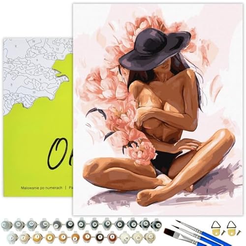 Oh Art! Malen Nach Zahlen Erwachsene Paint By Numbers Adult Set Mit 3 Pinseln Acrylfarben Und Leinwand Gespannt Auf Holzrahmen Kreativ Set DIY Bastelset 40 x 50 cm Mit Rahmen Girl and peonies von Oh Art!