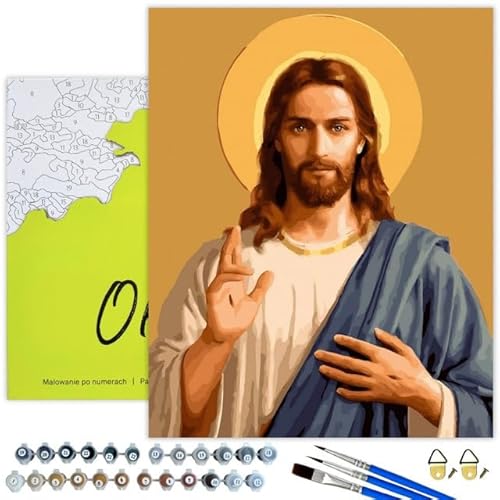 Oh Art! Malen Nach Zahlen Erwachsene Paint By Numbers Adult Set Mit 3 Pinseln Acrylfarben Und Leinwand Gespannt Auf Holzrahmen Kreativ Set DIY Bastelset 40 x 50 cm Mit Rahmen Jesus Christ von Oh Art!