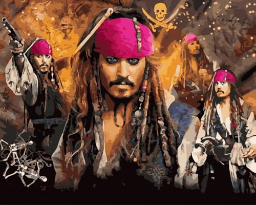 Oh Art! Malen Nach Zahlen Erwachsene Set Mit 3 Pinseln Acrylfarben Und Leinwand Gespannt Auf Holzrahmen Kreativ Set Paint By Numbers Adult DIY Bastelset 40 x 50 cm Mit Rahmen Captain Jack Sparrow von Oh Art!