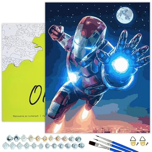 Oh Art! Malen Nach Zahlen Erwachsene Set Mit 3 Pinseln Acrylfarben Und Leinwand Gespannt Auf Holzrahmen Kreativ Set Paint By Numbers Adult DIY Bastelset 40 x 50 cm Mit Rahmen Iron Man von Oh Art!