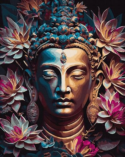 Oh Art! Malen Nach Zahlen Erwachsene Set Mit 3 Pinseln Und Acrylfarben Gemälde Acrylic Malerei DIY Leinwand 40 x 50 cm Buddha In Blumen von Oh Art!