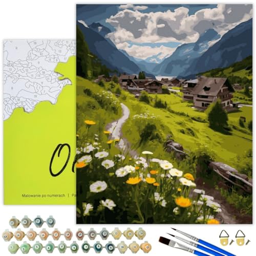 Oh Art! Malen Nach Zahlen Erwachsene Set Mit 3 Pinseln Und Acrylfarben Gemälde Acrylic Malerei DIY Leinwand 40 x 50 cm Dorf Im Gebirge von Oh Art!