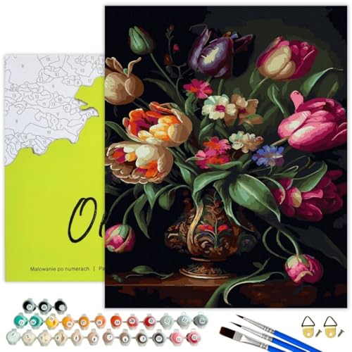 Oh Art! Malen Nach Zahlen Erwachsene Set Mit 3 Pinseln Und Acrylfarben Gemälde Acrylic Malerei DIY Leinwand 40 x 50 cm Frischer Tulpenstrauß von Oh Art!