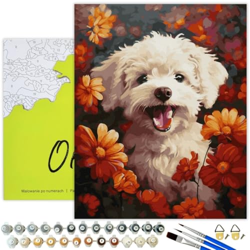 Oh Art! Malen Nach Zahlen Erwachsene Set Mit 3 Pinseln Und Acrylfarben Gemälde Acrylic Malerei DIY Leinwand 40 x 50 cm Hund Mit Blumen von Oh Art!