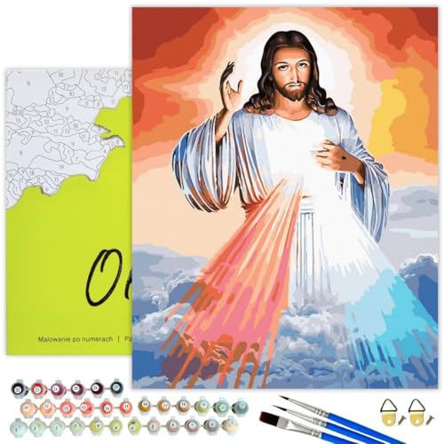 Oh Art! Malen Nach Zahlen Erwachsene Set Mit 3 Pinseln Und Acrylfarben Gemälde Acrylic Malerei DIY Leinwand 40 x 50 cm Jesus Im Himmel von Oh Art!