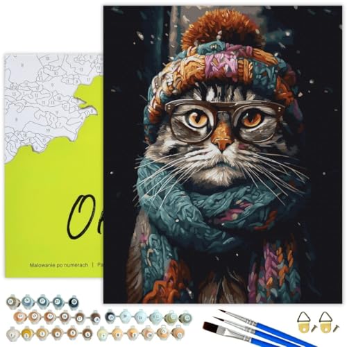 Oh Art! Malen Nach Zahlen Erwachsene Set Mit 3 Pinseln Und Acrylfarben Gemälde Acrylic Malerei DIY Leinwand 40 x 50 cm Katze Im Hut von Oh Art!