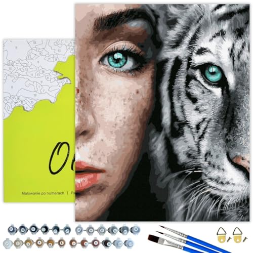 Oh Art! Malen Nach Zahlen Erwachsene Set Mit 3 Pinseln Und Acrylfarben Gemälde Acrylic Malerei DIY Leinwand 40 x 50 cm Mädchen Und Weißer Tiger von Oh Art!