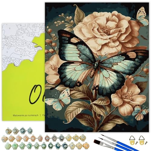 Oh Art! Malen Nach Zahlen Erwachsene Set Mit 3 Pinseln Und Acrylfarben Gemälde Acrylic Malerei DIY Leinwand 40 x 50 cm Schmetterling Auf Einer Blume von Oh Art!