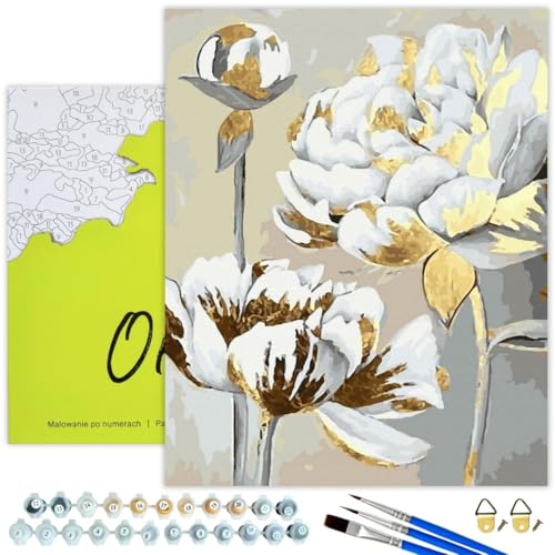 Oh Art! Malen Nach Zahlen Erwachsene Set Mit 3 Pinseln Und Acrylfarben Gemälde Acrylic Malerei DIY Leinwand 40 x 50 cm Vergoldete Blumen von Oh Art!