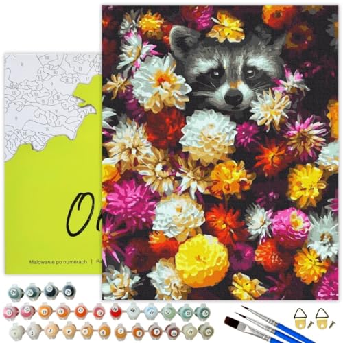 Oh Art! Malen Nach Zahlen Erwachsene Set Mit 3 Pinseln Und Acrylfarben Gemälde Acrylic Malerei DIY Leinwand 40 x 50 cm Waschbär Mit Blumen von Oh Art!