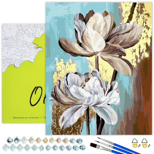 Oh Art! Malen Nach Zahlen Erwachsene Set Mit 3 Pinseln Und Acrylfarben Gemälde Acrylic Malerei DIY Leinwand 40 x 50 cm Weiße Blumen von Oh Art!