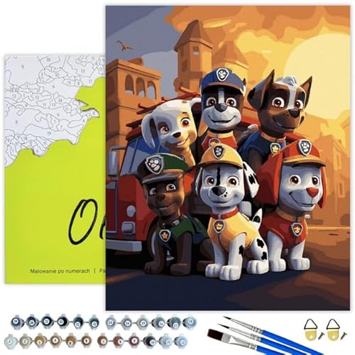 Oh Art! Malen Nach Zahlen für Kinder Anfänger Set Mit 3 Pinseln Acrylfarben Und Leinwand Gespannt Auf Holzrahmen Paint By Numbers DIY Bastelset 40 x 50 cm Mit Rahmen Dog Patrol Fire Brigade von Oh Art!