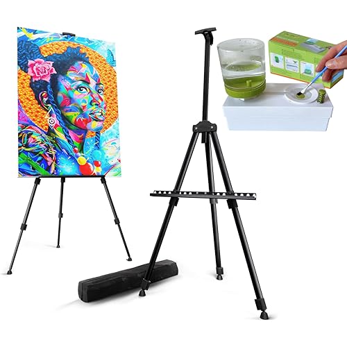 Oh Art! Set Staffelei Metall Leinwand Ständer Stativ und Pinselreiniger Bürstenspüler 2 x 250 ml Für Kuntsmalerei Künstler Ständer Stativ Mit Tragetasche Höhenverstellbar 93 bis 166,5 cm von Oh Art!