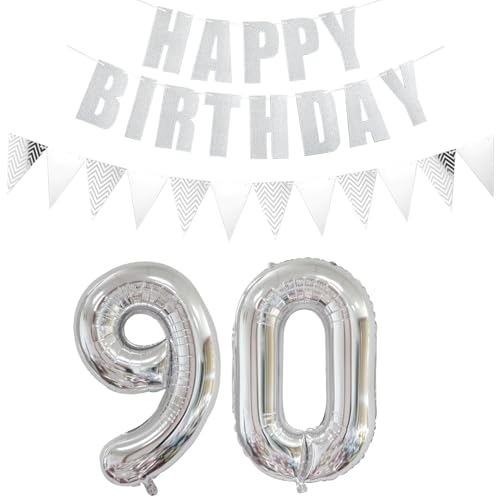 Luftballons Zahl 90 Silber + Happy Birthday Girlande + banner Folienballon 90.Geburtstags deko frau mann ballons 90 Jahre Geburtstag deko frauen Zahlenballon 90 Geburtstag dekoration Männer frau(90) von Ohaoduo