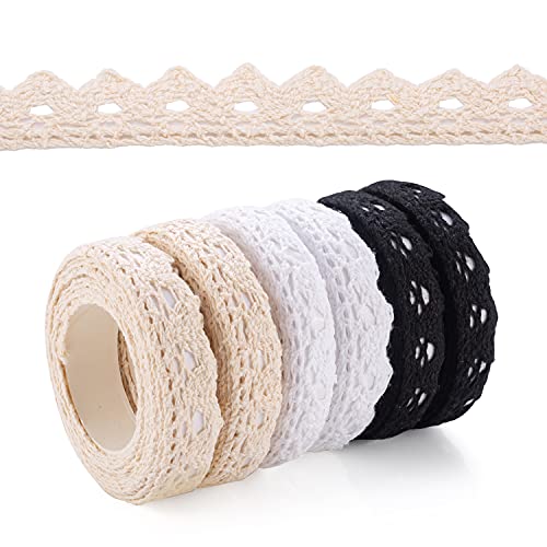 6 Rollen Beige Weiß Schwarz Spitzenband Selbstklebende borte Vintage Dekoband Spitze Bänder Bordüre Spitzenbort Stoffband Selbstklebend Bänder für Hochzeitseinladungen Alben,Flaschen vielem mehr. von Ohaoduo