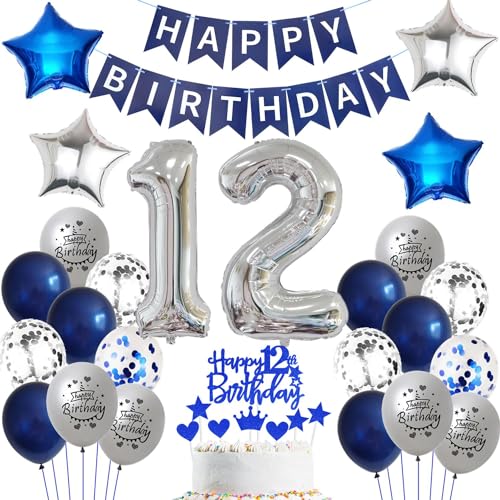 Ballon 12 Geburtstag Deko Junge blau Deko 12. Geburtstag Junge Marinebla Silber Geburtstagsdeko 12 jahre Junge Luftballons 12. Geburtstag silber Happy Birthday Banner Für 12 Geburtstag Party Deko von Ohaoduo