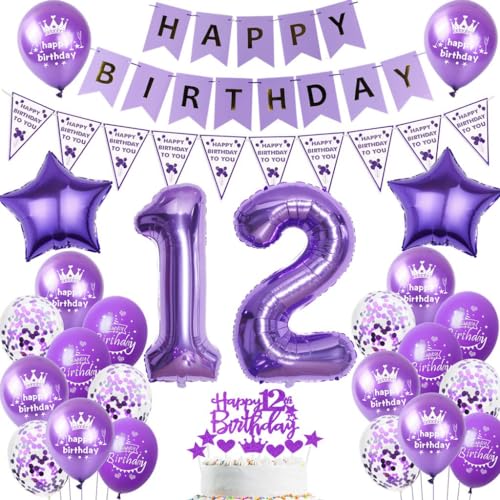 Ballon 12 Geburtstag Deko mädchen lila Deko 12. Geburtstag mädchen lila Geburtstagsdeko 12 jahre mädchen Luftballon 12. Geburtstag lila Happy Birthday Banner 12 Geburtstag mädchen Party Dekoration von Ohaoduo