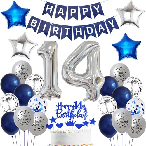 Ballon 14 Geburtstag Deko Junge blau Deko 14. Geburtstag Junge Marinebla Silber Geburtstagsdeko 14 jahre Junge Luftballons 14. Geburtstag silber Happy Birthday Banner Für 14 Geburtstag Party Deko von Ohaoduo