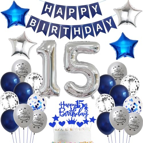 Ballon 15 Geburtstag Deko Junge blau Deko 15. Geburtstag Junge Marinebla Silber Geburtstagsdeko 15 jahre Junge Luftballons 15. Geburtstag silber Happy Birthday Banner Für 15 Geburtstag Party Deko von Ohaoduo