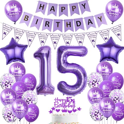 Ballon 15 Geburtstag Deko mädchen lila Deko 15. Geburtstag mädchen lila Geburtstagsdeko 15 jahre mädchen Luftballon 15. Geburtstag lila Happy Birthday Banner 15 Geburtstag mädchen Party Dekoration von Ohaoduo