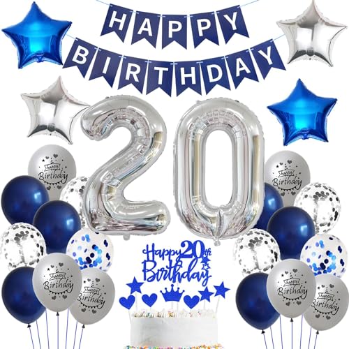 Ballon 20 Geburtstag Deko mann blau Deko 20. Geburtstag mann Marinebla Silber Geburtstagsdeko 20 jahre männer Luftballons 20. Geburtstag silber Happy Birthday Banner Für 20 Geburtstag Party Deko von Ohaoduo