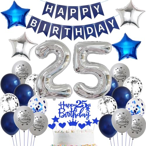 Ballon 25 Geburtstag Deko mann blau Deko 25. Geburtstag mann Marinebla Silber Geburtstagsdeko 25 jahre männer Luftballons 25. Geburtstag silber Happy Birthday Banner Für 25 Geburtstag Party Deko von Ohaoduo