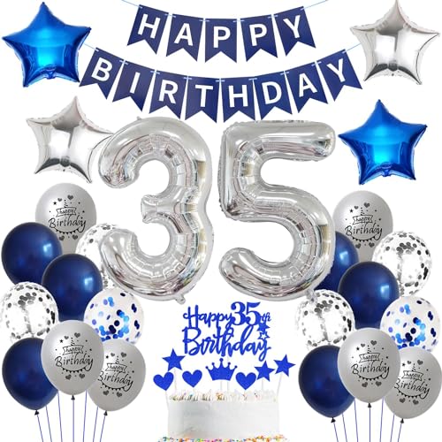 Ballon 35 Geburtstag Deko mann blau Deko 35. Geburtstag mann Marinebla Silber Geburtstagsdeko 35 jahre männer Luftballons 35. Geburtstag silber Happy Birthday Banner Für 35 Geburtstag Party Deko von Ohaoduo