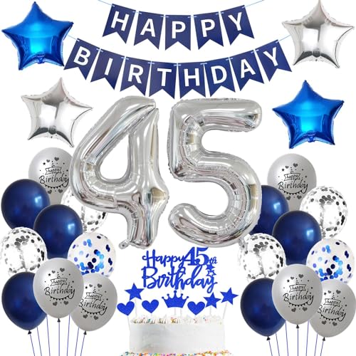 Ballon 45 Geburtstag Deko mann blau Deko 45. Geburtstag mann Marinebla Silber Geburtstagsdeko 45 jahre männer Luftballons 45. Geburtstag silber Happy Birthday Banner Für 45 Geburtstag Party Deko von Ohaoduo