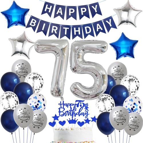 Ballon 75 Geburtstag Deko mann blau Deko 75. Geburtstag mann Marinebla Silber Geburtstagsdeko 75 jahre männer Luftballons 75. Geburtstag silber Happy Birthday Banner Für 75 Geburtstag Party Deko von Ohaoduo