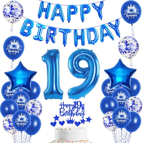 Luftballons 19. Geburtstag Dekoration junge blau happy birthday 19th Geburtstag Party Deko Set 19 geburtstag deko junge 19 jahre geburtstag jungen deko blau Folienballons 19 geburtstag junge deko(19) von Ohaoduo