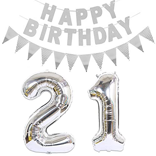 Luftballons Zahl 21 Silber + Happy Birthday Girlande + banner Folienballon 21.Geburtstags deko frau mann ballons 21 Jahre Geburtstag deko frauen Zahlenballon 21 Geburtstag dekoration Männer frau(21) von Ohaoduo