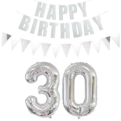 Luftballons Zahl 30 Silber + Happy Birthday Girlande + banner Folienballon 30.Geburtstags deko frau mann ballons 30 Jahre Geburtstag deko frauen Zahlenballon 30 Geburtstag dekoration Männer frau(30) von Ohaoduo