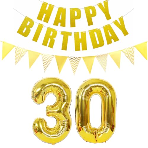 Luftballons Zahl 30 gold + Happy Birthday Girlande + banner Folienballon 30.Geburtstags deko frau mann ballons 30 Jahre Geburtstag deko frauen Zahlenballon 30 Geburtstag dekoration Männer frau(30) von Ohaoduo