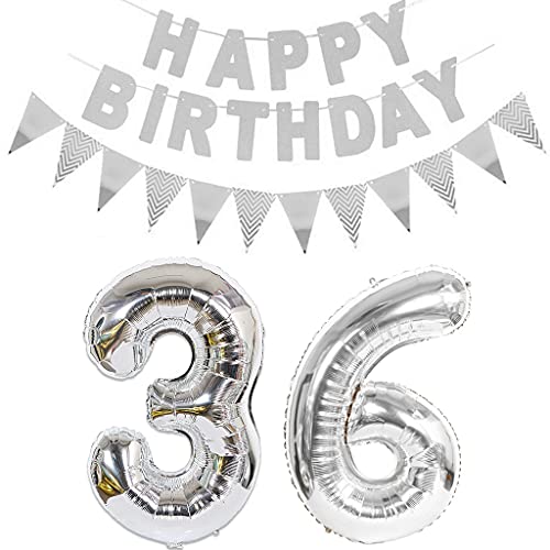 Luftballons Zahl 36 Silber + Happy Birthday Girlande + banner Folienballon 36.Geburtstags deko frau mann ballons 36 Jahre Geburtstag deko frauen Zahlenballon 36 Geburtstag dekoration Männer frau(36) von Ohaoduo