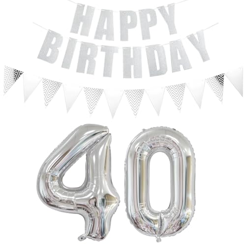 Luftballons Zahl 40 Silber + Happy Birthday Girlande + banner Folienballon 40.Geburtstags deko frau mann ballons 40 Jahre Geburtstag deko frauen Zahlenballon 40 Geburtstag dekoration Männer frau(40) von Ohaoduo