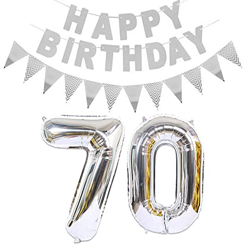 Luftballons Zahl 70 Silber + Happy Birthday Girlande + banner Folienballon 70.Geburtstags deko frau mann ballons 70 Jahre Geburtstag deko frauen Zahlenballon 70 Geburtstag dekoration Männer frau(70) von Ohaoduo